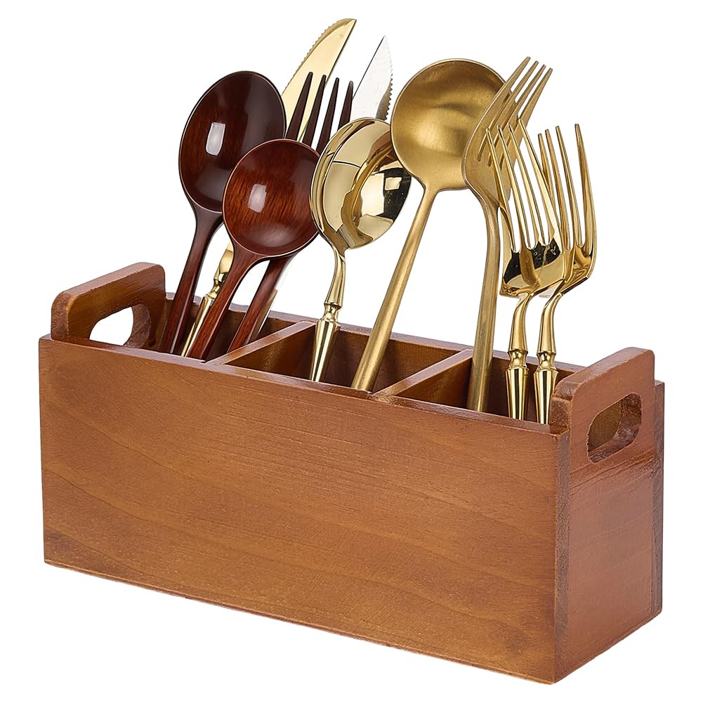 PH PandaHall Wood Utensil Holder Organizer for Counter, 3 Compartment Wooden Utensil Caddy Cooking Tool Storage for Tableware Makeup Brush Pen Farmhouse Kitchen Decor, 9x3.1x4.2 Inch