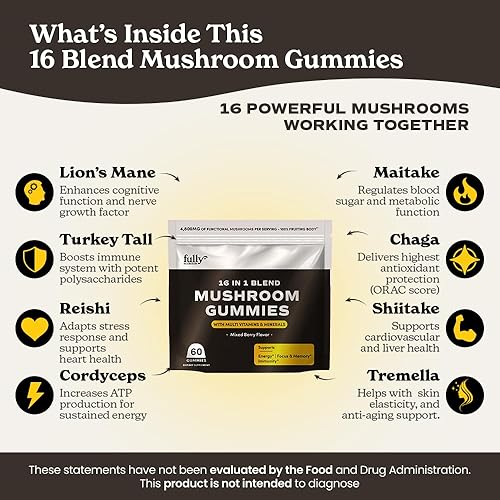 Miniatura 3 de Gomitas de hongos de 16 mezclas, gomitas de hongos para adultos, suplemento de hongos con chaga, melena de león, reishi, cordyceps para