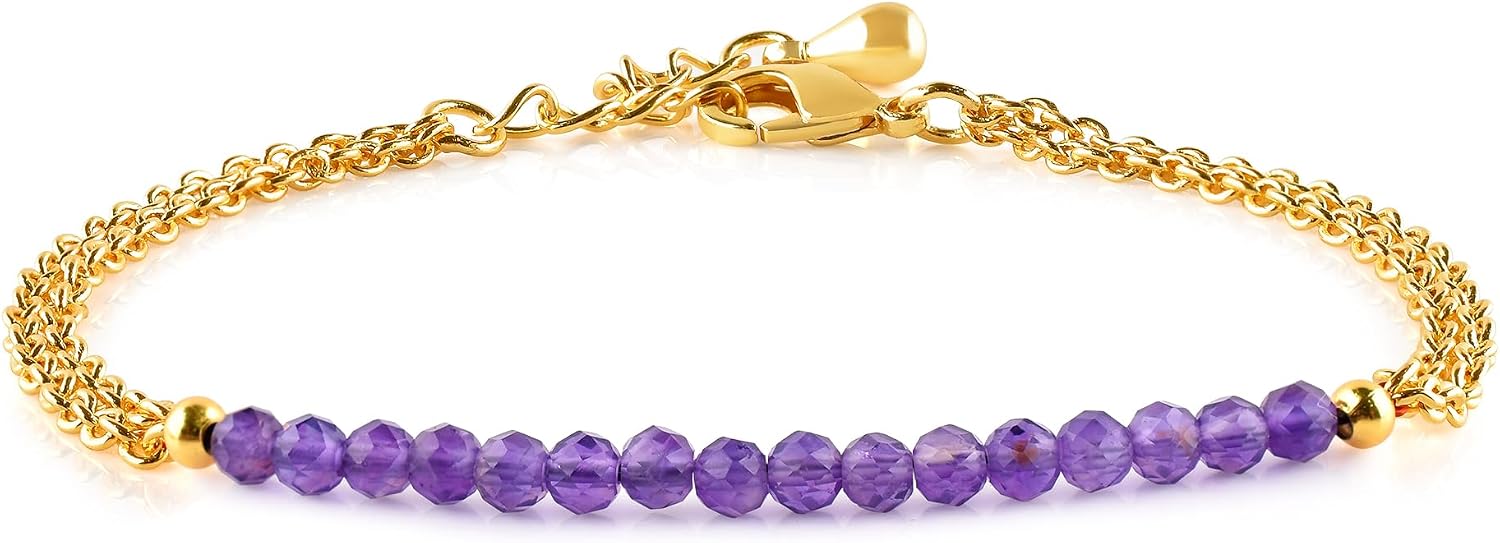 InfinityGemsArt Bracelets for Women Natural Birthstone Micro Beaded Stone Double Chain Drop Crystals Gemstones Bracelet Jewelry, 14K Gold Plated Adjustable Chain