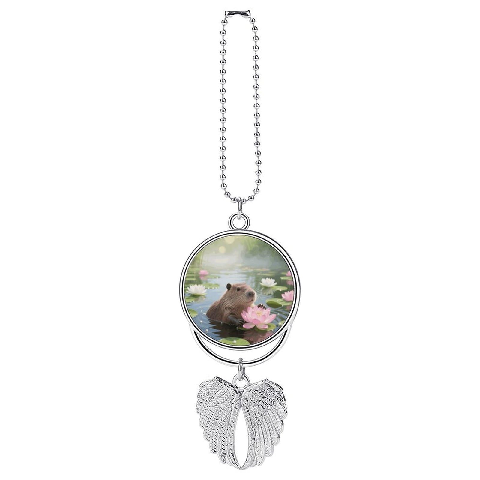 Capybara Guardian Angel Wing Car Ornament for Mirror, Zinc Alloy Hanging Charm with Spiritual Design for Protection, Rearview Mirror Accessory Decor Gift for Women Men(Silver)