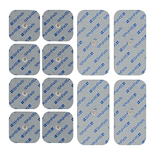 Stimpads Almohadillas para electrodos EMS y TENS compatibles con dispositivos Compex. Pack de 12 unidades de 50 x 50 y 50 x 100 mm con electrodos adhesivos individuales de 3,75 mm. Dispositivo médico