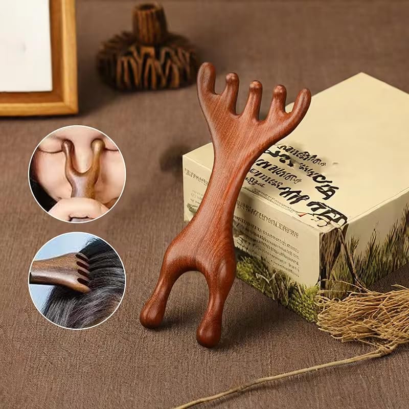 Image of Flavoma Natural Wood 7-Finger Antler Hair and Scalp Massager | Wood Design Multi-Functional | Multifunctional Meridians Scalp Massage Gua Sha | Scalp Massage No Static Head Massager Physical Therapy