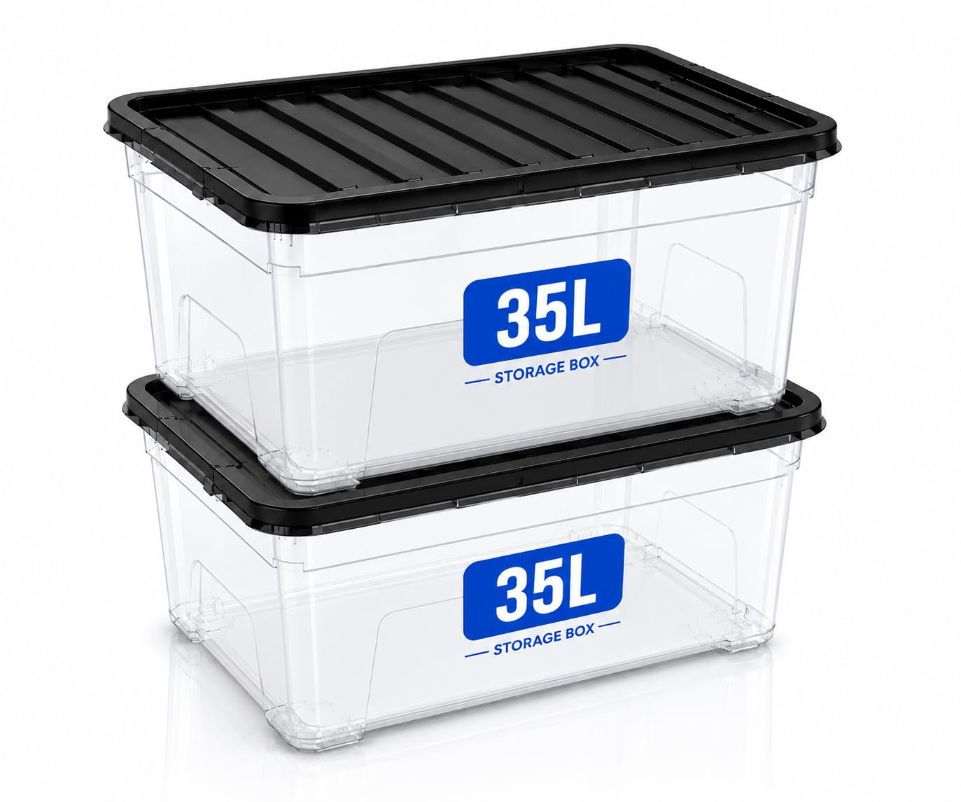 KAPCO 2 X 35L Large Plastic Storage Boxes with Lids | Stackable Box with Black Lids, Clear Multipurpose Containers for Home, Office, Kitchen and Garage | (35 Litre / 2 Pack)