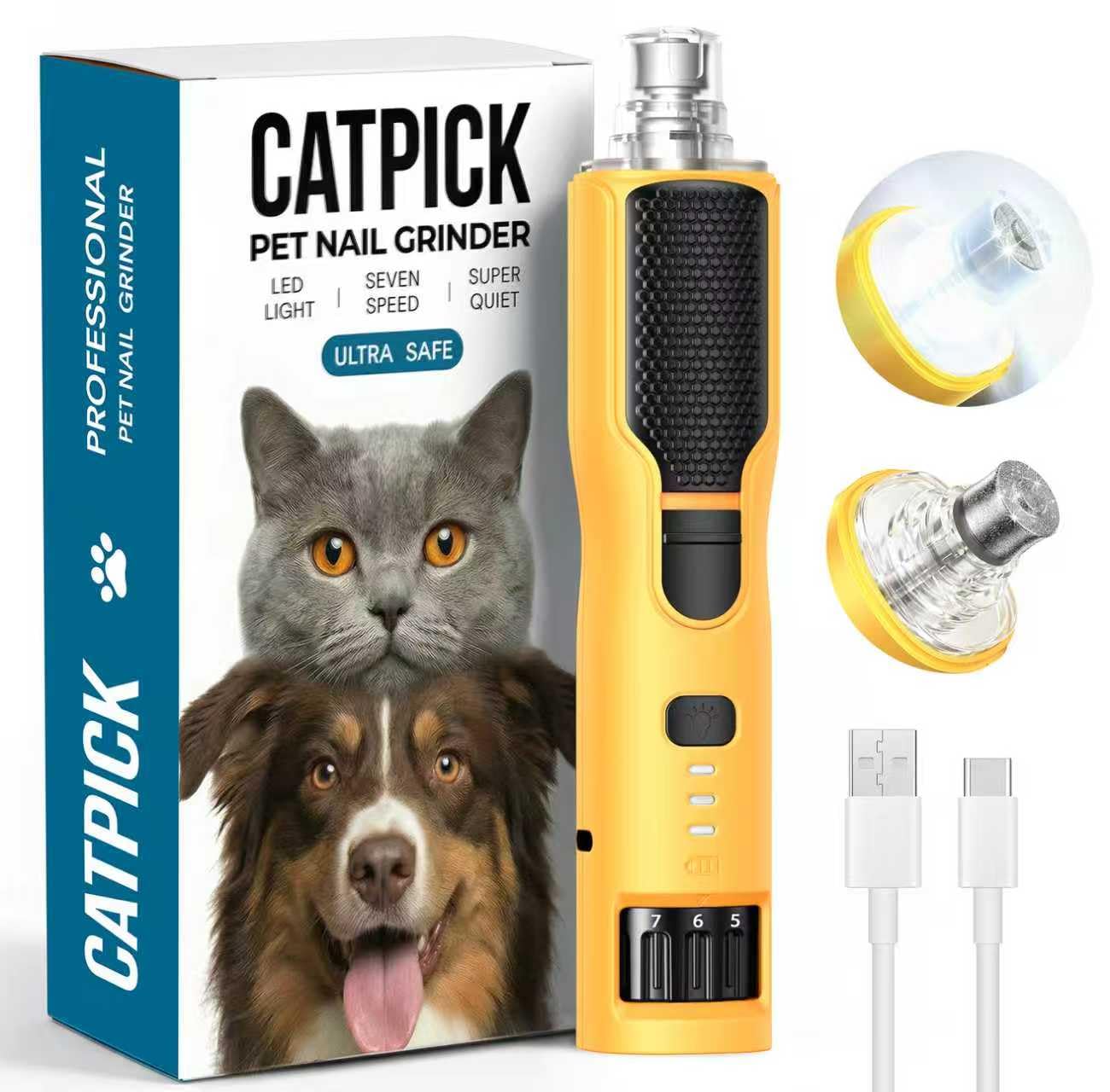 7-Speed Dog & Cat Nail Grinder with Light - Ring LED Safe to Avoid Overcut, Quiet Low Vibration & Powerful Fast, Cordless Rechargeable Toenail Trimmer for Small & Large Puppy & Breeds Paws(Orange)