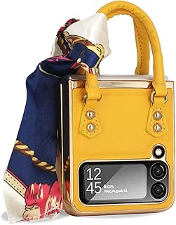 SHIEID Leather Case for Samsung Galaxy Z Flip 4 with a Hand Grip, Galaxy Z Flip 4 Case with Silk Scarf Chain Wrist Strap Phone Case Shockproof Protective Cover for Galaxy Z Flip 4, Yellow