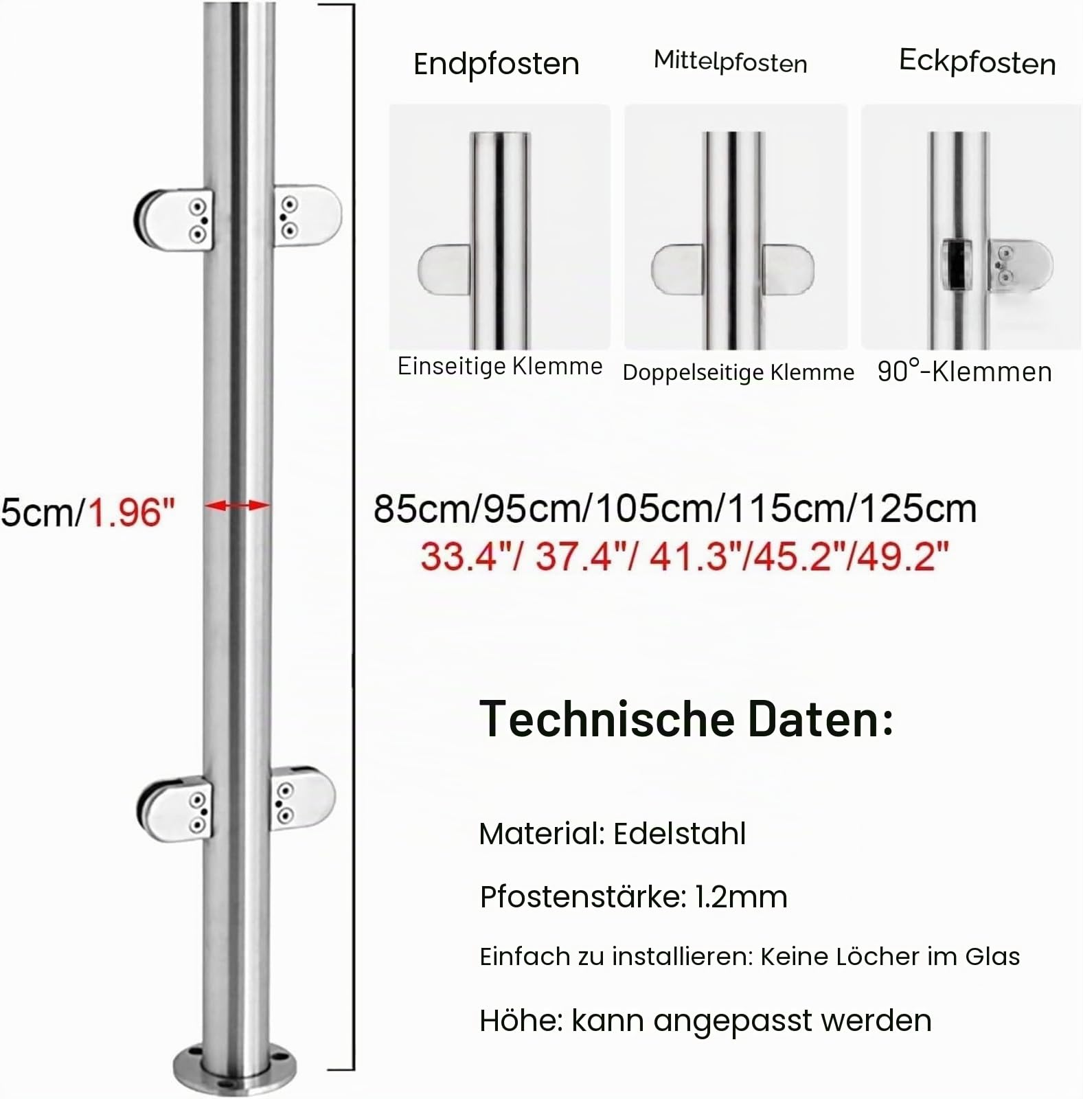 Okrągły słupek balkonowy 65-105 cm, słupek końcowy do balustrad, wsporników zewnętrznych i balkonowych - idealny do systemu Ländersystem, kolor: słupek końcowy