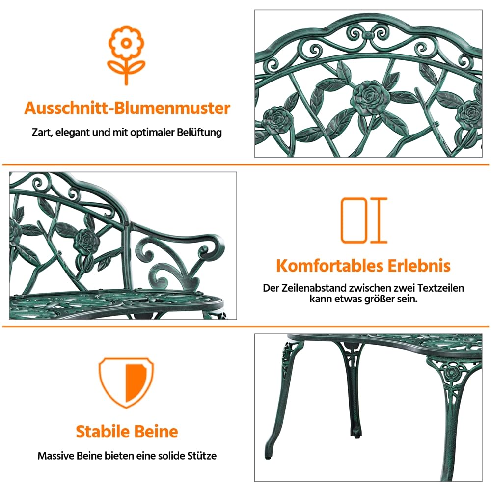Yaheetech 2-osobowa ławka ogrodowa w stylu vintage, metalowa ławka parkowa, odporna na warunki atmosferyczne, z odlewu aluminiowego, ławka balkonowa z oparciem i podłokietnikami, meble ogrodowe na