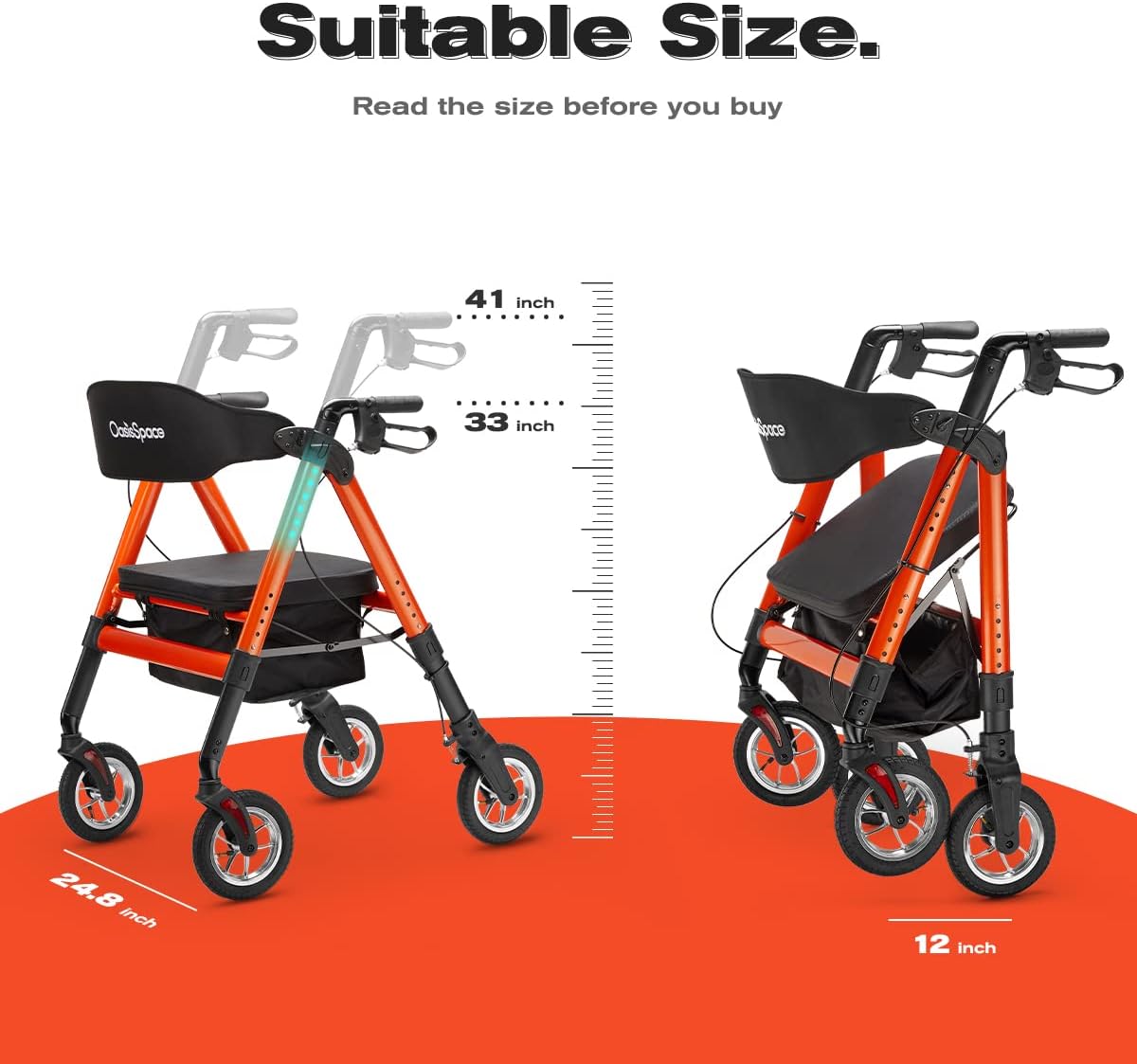 Buy OasisSpace Heavy Duty Rollator Walker Pneumatic Rollator Walker with Large Padded Seat