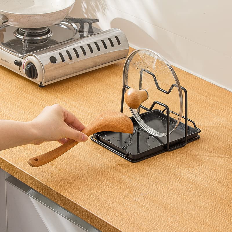 Rievem Porte De Couvercle Et Cuillere Avec Bac De Vidange Amovible - En Acier - Étagère à Ustensiles De Cuisine Pour Couvercle Casserole, Spatule, Planche à Découper, Livre De Cuisine (Noir