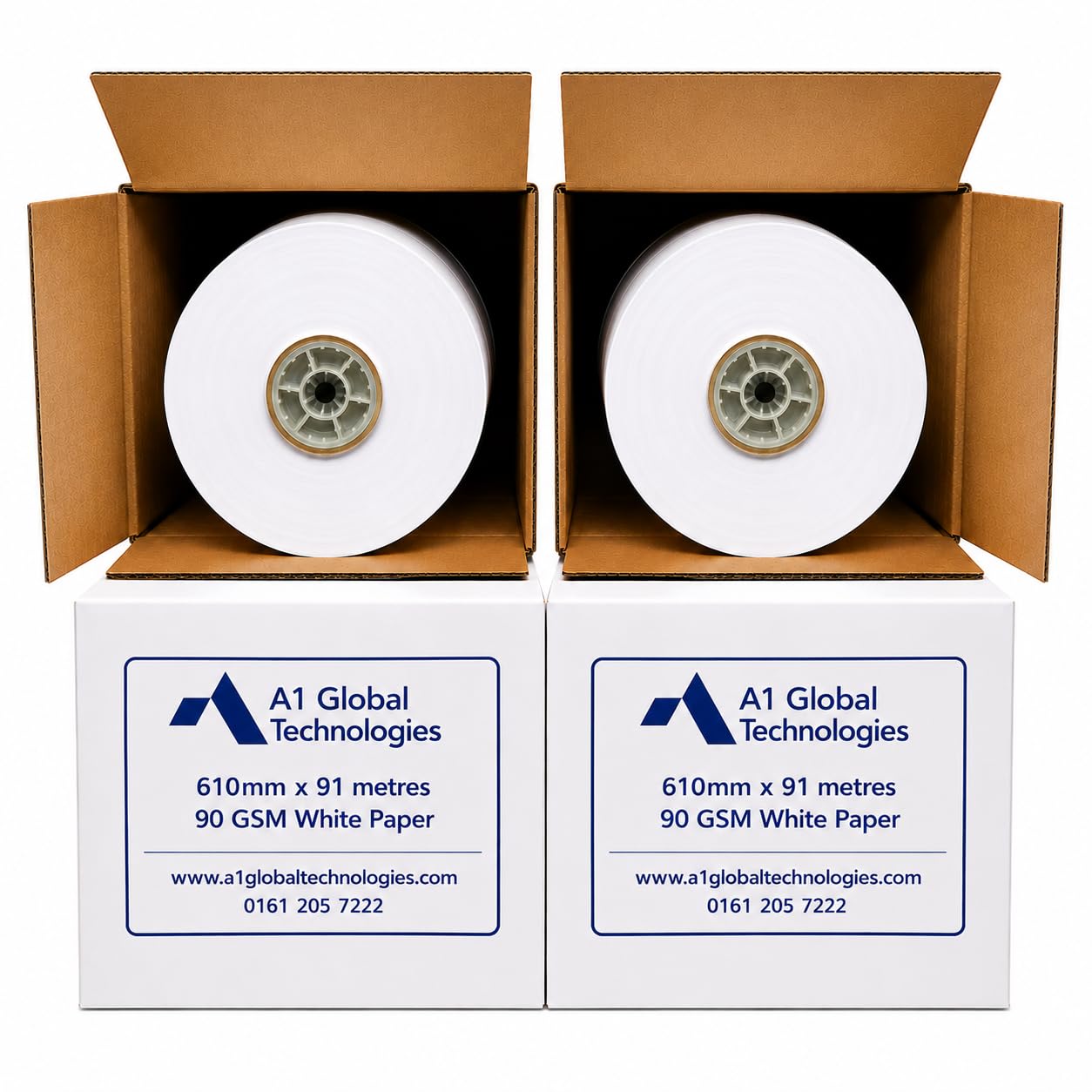 2 Rolls of Bright White Plotter Paper Rolls- 610 mm x 91 metres, 90 gram A1 Drawing roll. A1 Paper. Large & Wide Format Paper. 60.1 cm x 91 m. 90 GSM. Manchester Based. 30 Years Plotter Paper Trading