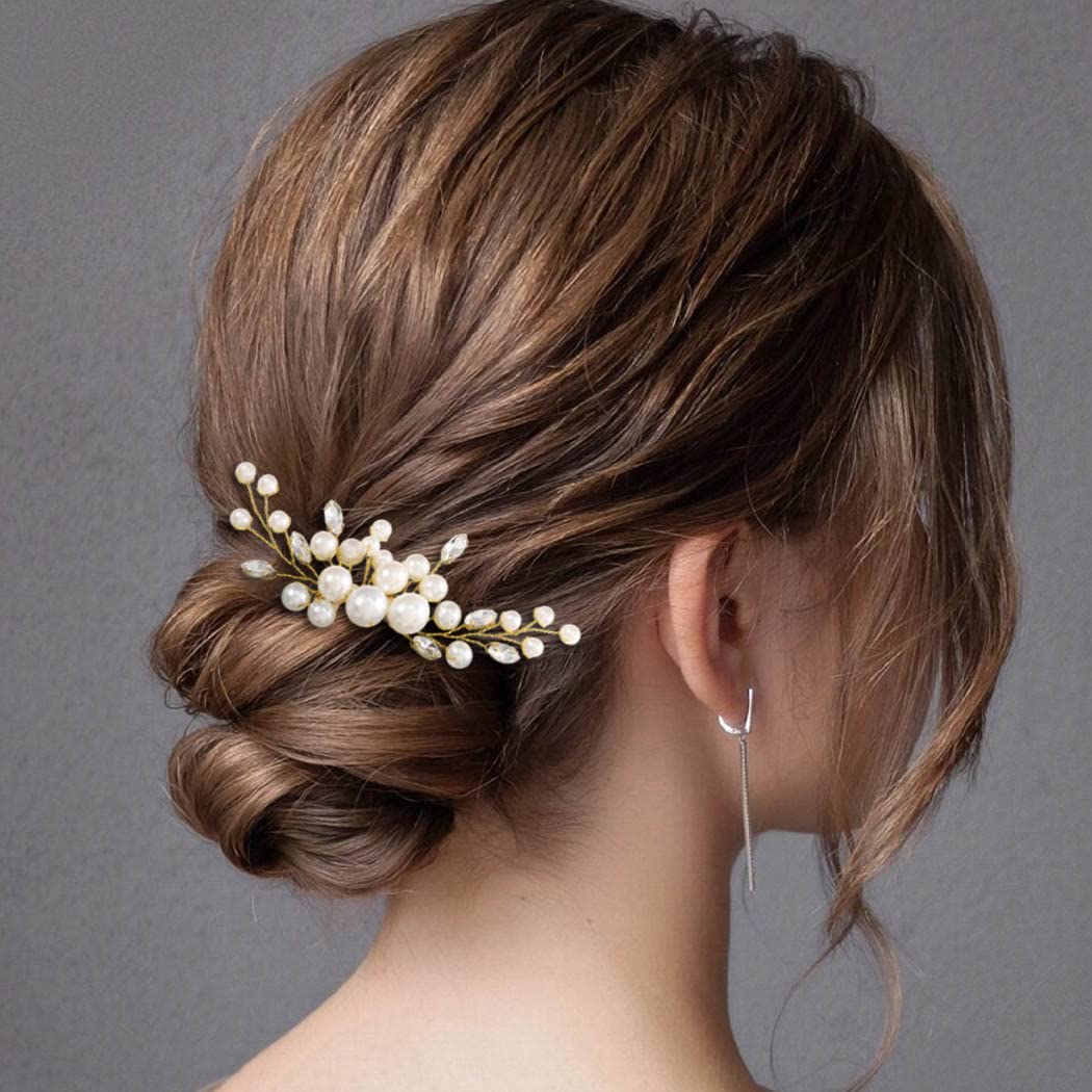 Amazon.com : Latious Wedding Pearl Hair Comb Gold Rhinestone  display picture 1