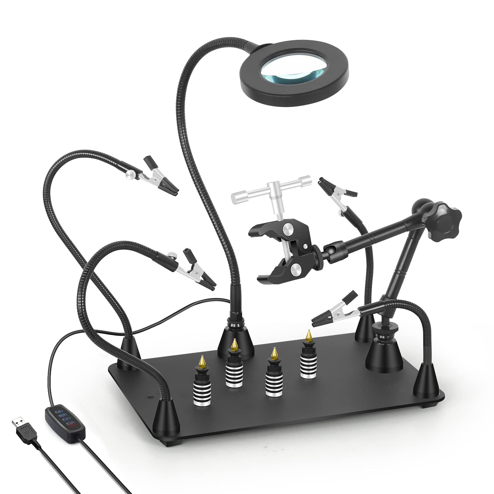 EOOKU Helping Hands Soldering Circuit Board Holder Magnetic Third Hand Tools with 3X LED Magnifying Lamp, 360 Hot Air Gun Holder, Flexible Metal Arms Heavy Duty Base Electronic Repair Tool Magic Hand