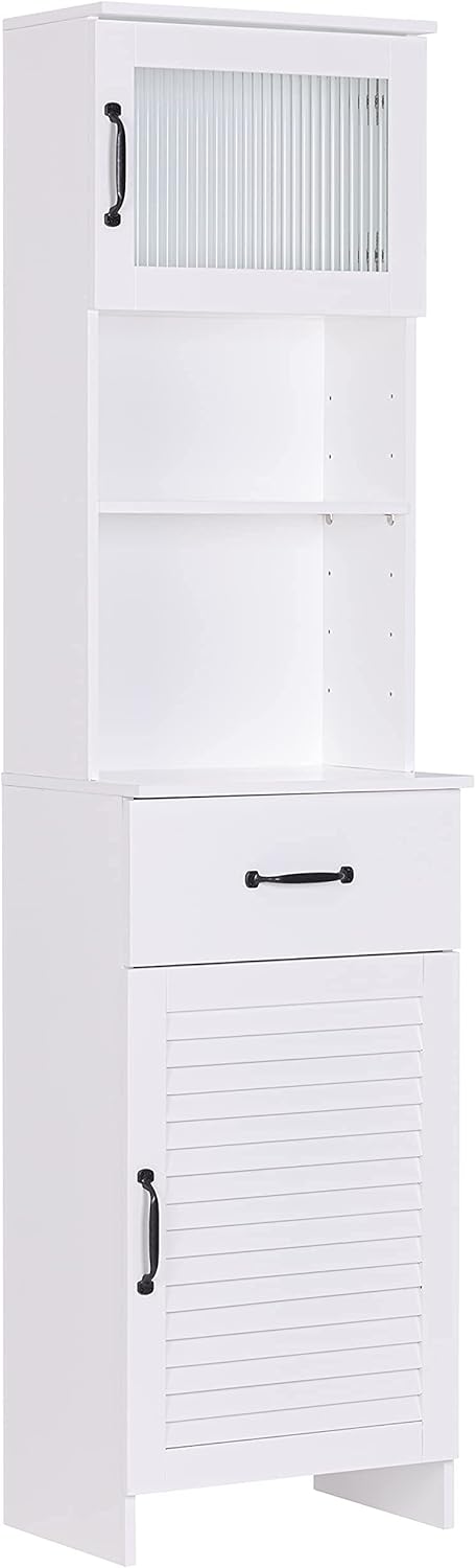 Spirich Tall Bathroom Storage Cabinet, Floor Narrow Linen Cabinet with Single Door and Drawers, Freestanding Wood Cabinet for Bathroom, Living Room, Kitchen, Whtie