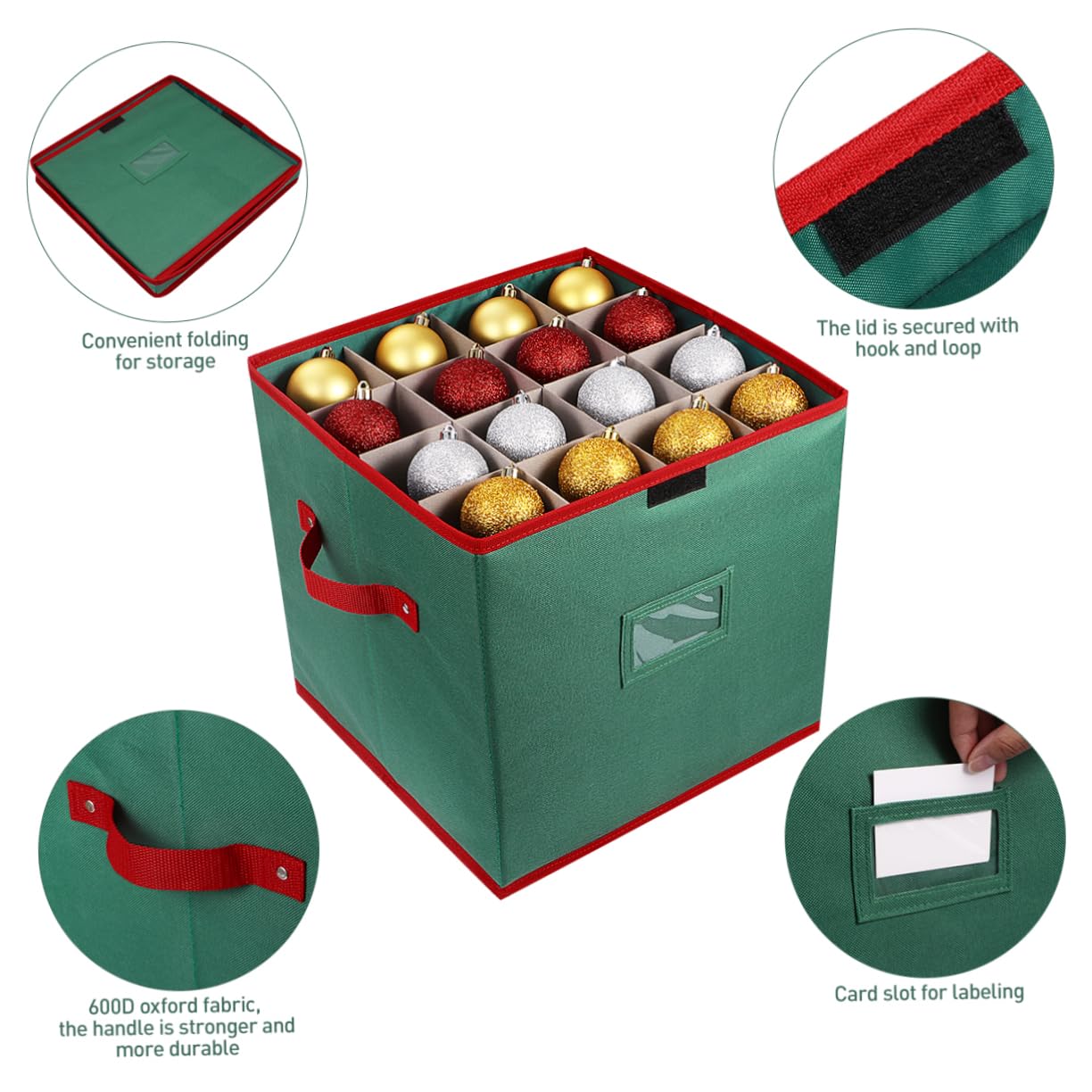 Contenitore per Palline di Natale, 600D Oxford Scatola per Decorazioni Natalizie, Natale Scatole con 4 Divisori Vassoi, Porta Palline per Ornamenti