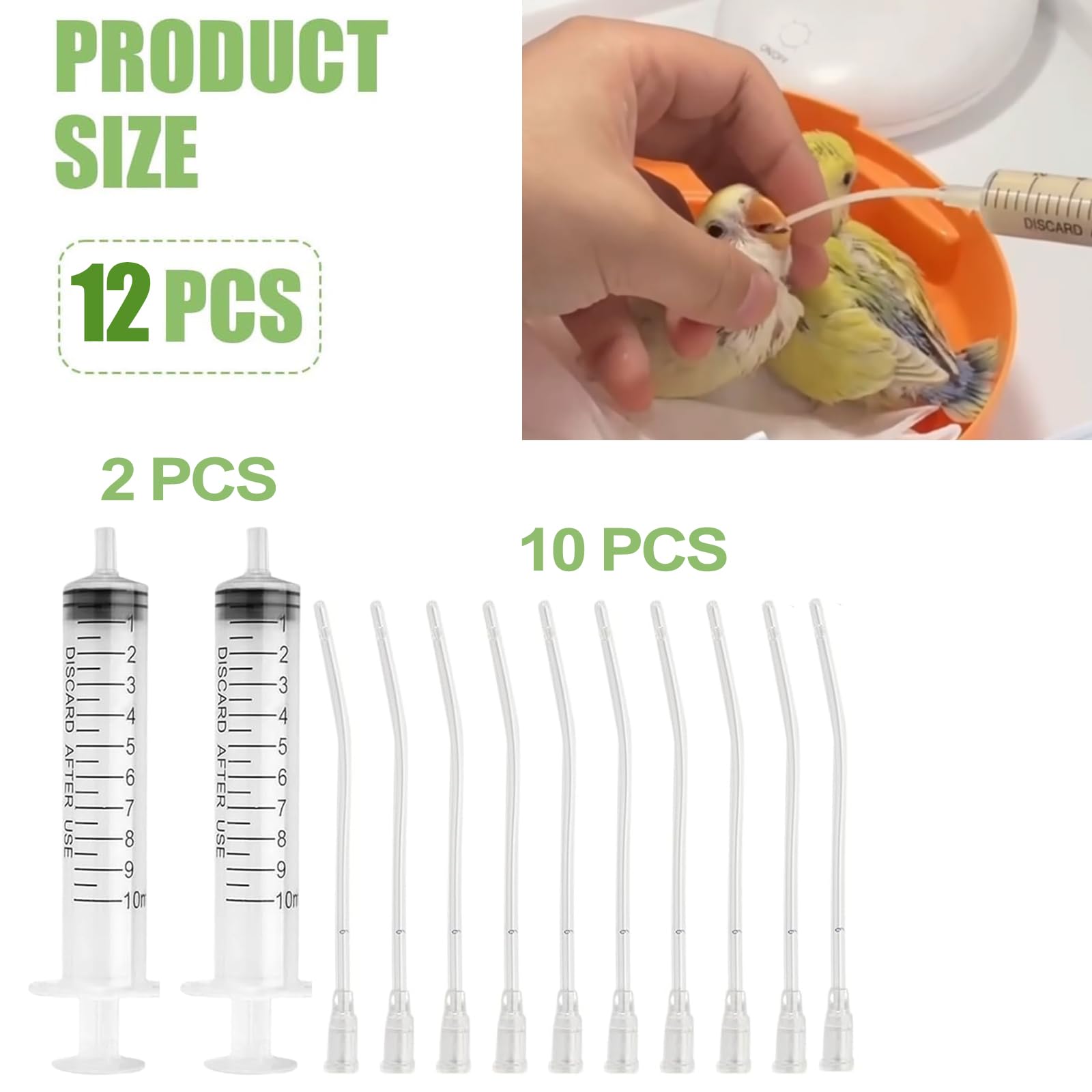 Lot de 12 tuyaux d'alimentation pour jeunes oiseaux - Contient 2 seringues de 10 ml avec tuyau, accessoires pour pigeons - Outil d'alimentation à la main pour bébés oiseaux et perroquets, lait, eau,