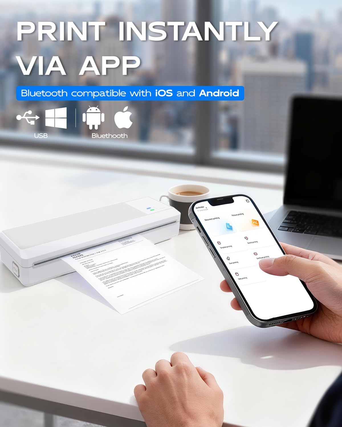 Portable Thermal Printer, Inkless Bluetooth Mobile Printer for Phone & Laptop, Compact Travel Printer Wireless for A4 Documents & Receipts, with 2000mAh Battery(2 Rolls Thermal Paper Included)