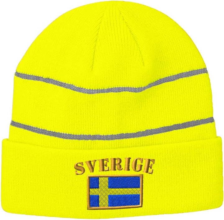 Reflective Beanie for Men & Women Sweden Sverige Flag Embroidery Acrylic 1 Size