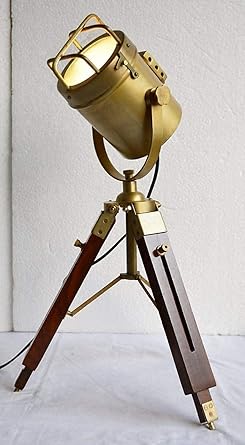 Handmade Antique Floor Tripod Lamp Nautical Searching Light with Wooden Retro Spot Light & Standard Wiring System