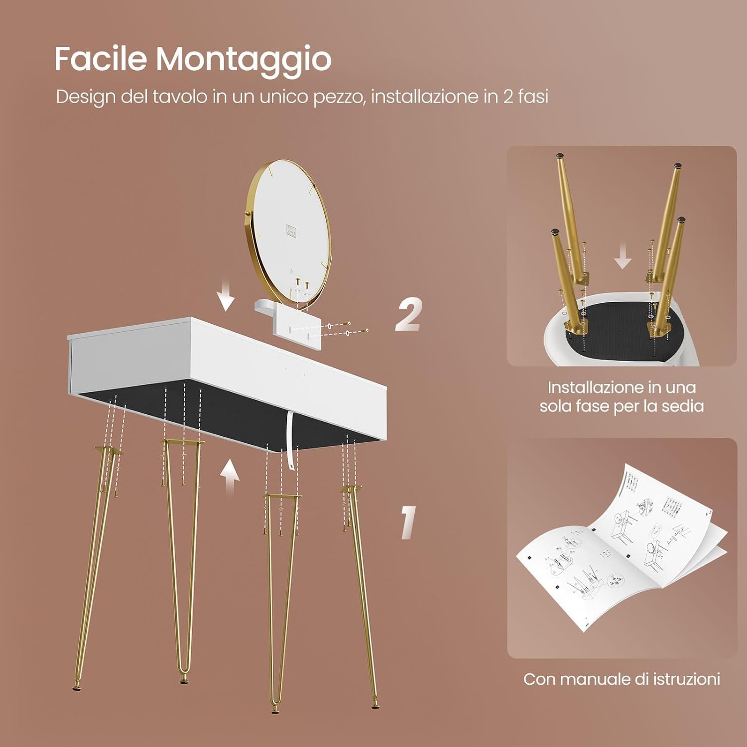 EUGAD Toeletta da Trucco con Luci LED, Luminosità Regolabile, Postazione da Trucco con Sedia in Velluto, con 3 Cassetti, Assemblaggio facile, Bianco e Dorato