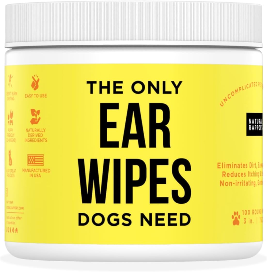 Natural Rapport Dog Ear Cleaner Wipes, Gentle Wax & Debris Wash, 100 Ct | Gentle patented wipes & drops, safe for puppies - Cleans wax, dirt & odor - For all dogs and cats