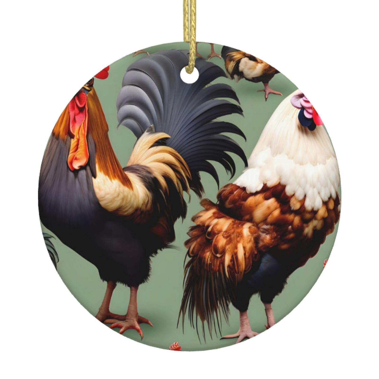 Rooster and Chicken Printed Christmas Tree Ceramic Ornaments Holiday Decoration Christmas Unique Pendant for Christmas Party