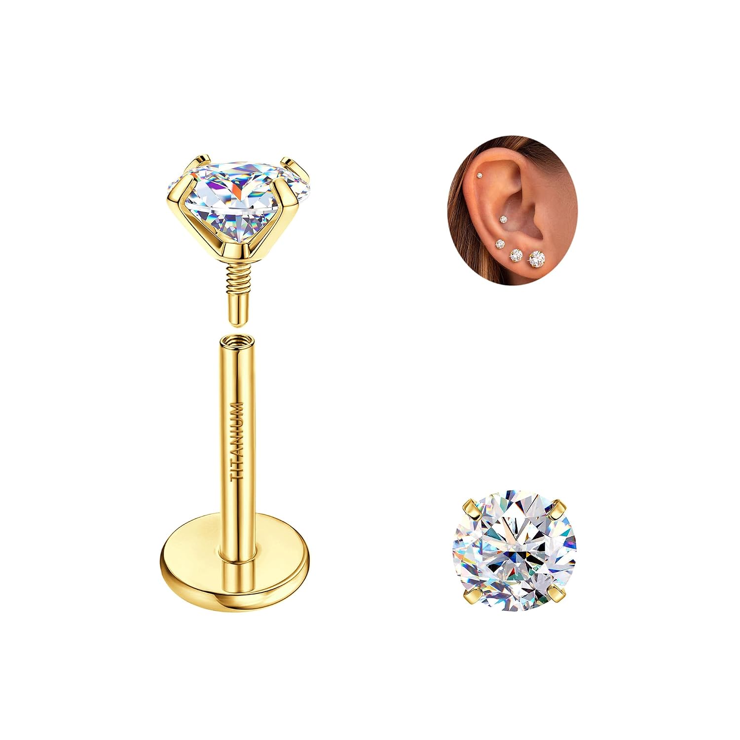 GEMQUEEN Moissanite Earrings G23 Titanium Extended Internal Thread Flat Back Earrings Hypoallergenic Tragus Cartilage Helix Conch Piercing Jewelry for Women Men 18G 6/8mm Post... - Image 10
