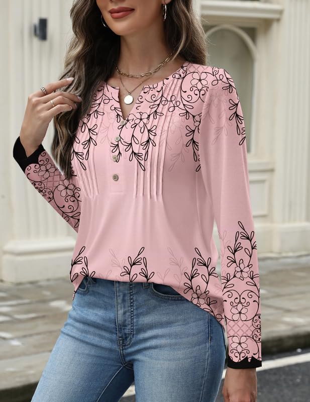Women V Neck Long Sleeve Tops Fall Pleated Tunic Shirts Dressy Casual Loose Business Work Blouses3