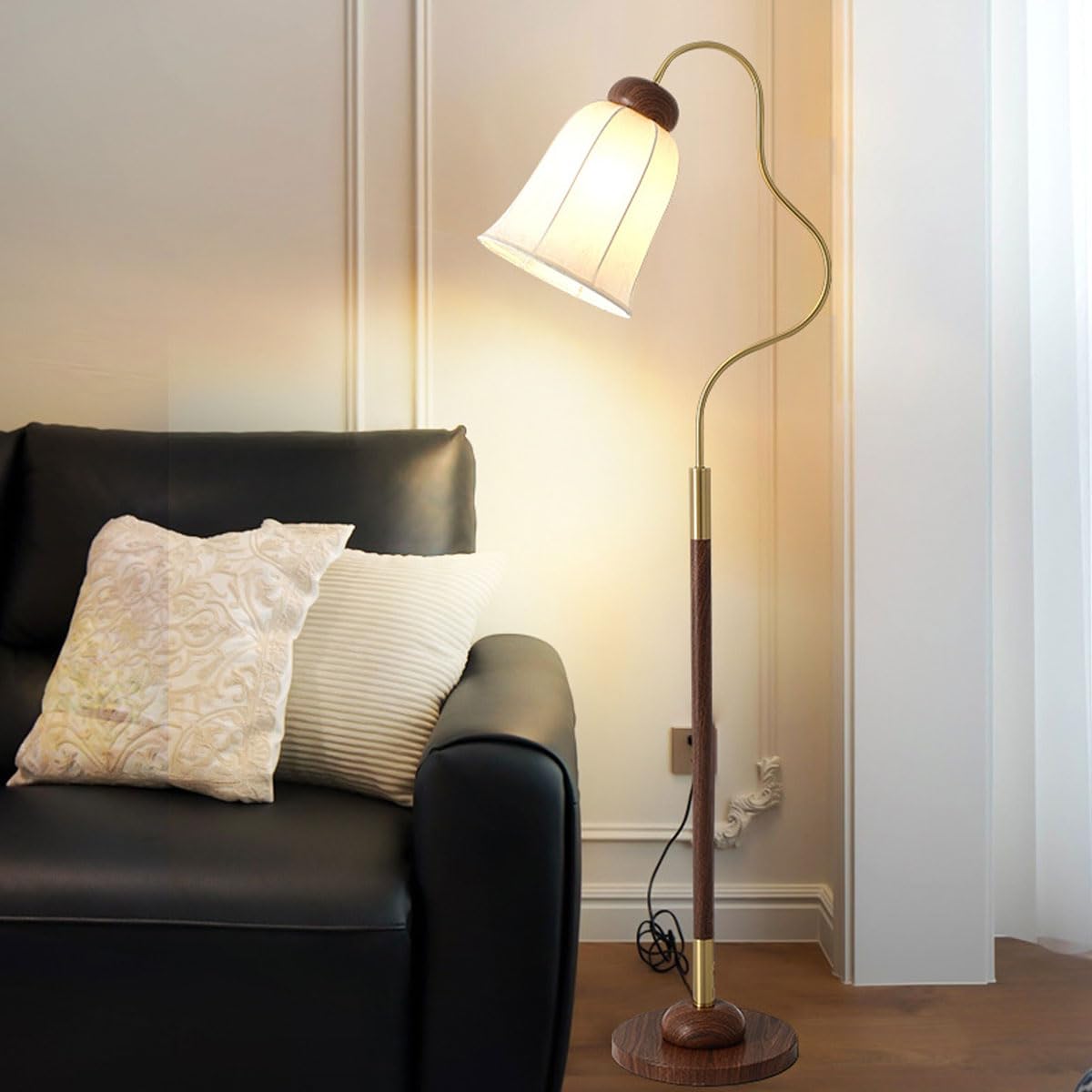 Lámpara De Pie Vintage De 140 Cm Con Pantalla De Tela Estampada, Ideal Para Dormitorio, Con Luces De Lectura Con Veta De Madera Y 3 Temperaturas De Color Para Sala De Estar.