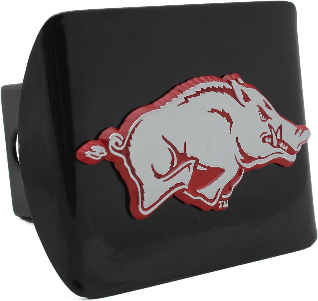 University of Arkansas Chrome with Crimson Trim on Black Metal Hitch Cover