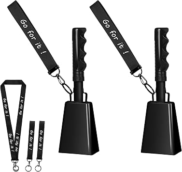 10 Inch Cowbells with Handle, Cheering Bell Noice Maker for Sporting Events-Football Games, Stadiums, Chimes Percussion Musical Instruments Call Bell Alarm 2 Pack Black