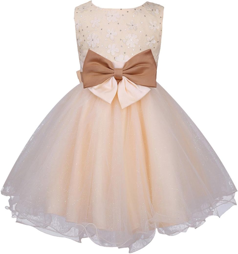 Girls' Sequined Formal Wedding Party Tulle Dress (5-6 Years, Champagne)