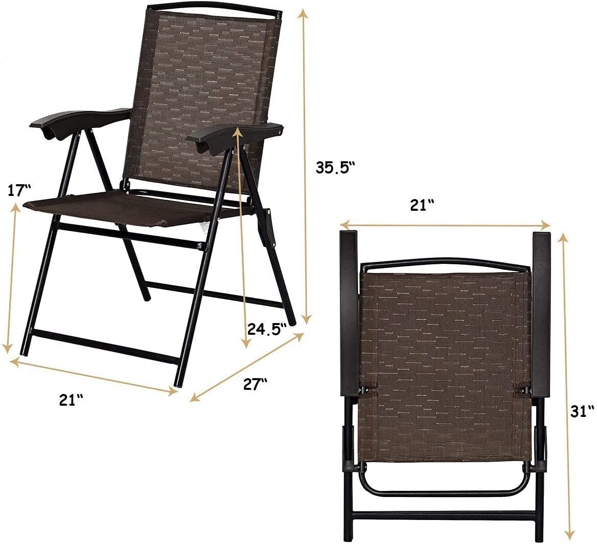 Moccha Set of 4 Patio Folding Chairs, Height Adjustable Sling Backrest Chairs with Armrest, Weather-Resistant Chairs Portable for Outdoor Indoor Garden Pool Beach, Deck Lounge Chairs, Brown