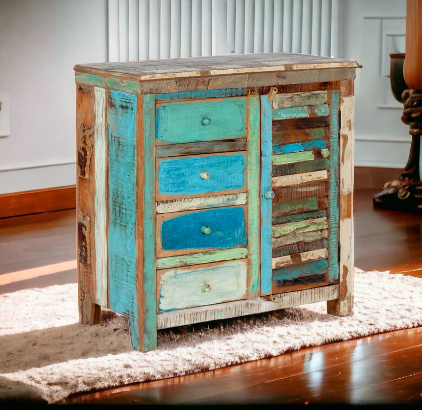Image of Solid Wooden Vistoso 4 Drawers Chest of Drawers | Wooden Storage Cabinet | Reclaimed Wood, Finish- Multicolour Distressed