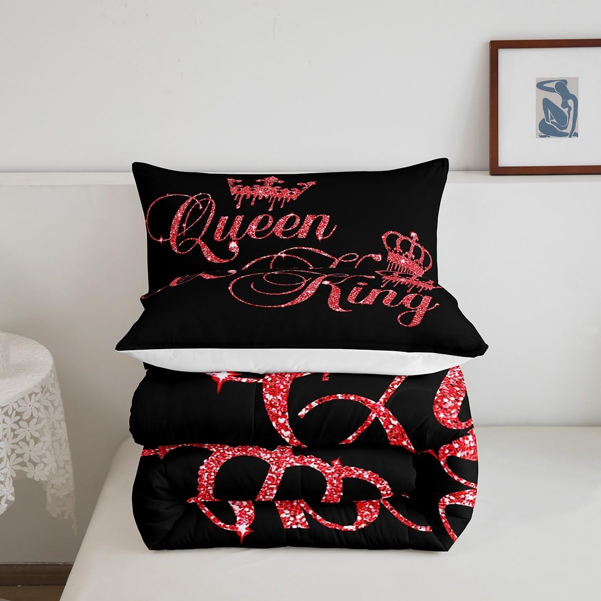 Feelyou Crown Queen and King Couple Comforter Sets His and Hers Bedding Set for Teens Women Men Black Red Queen Size,Lover Romantic Valentine's Day Decorations Quilt Set All Season(No Glitter)