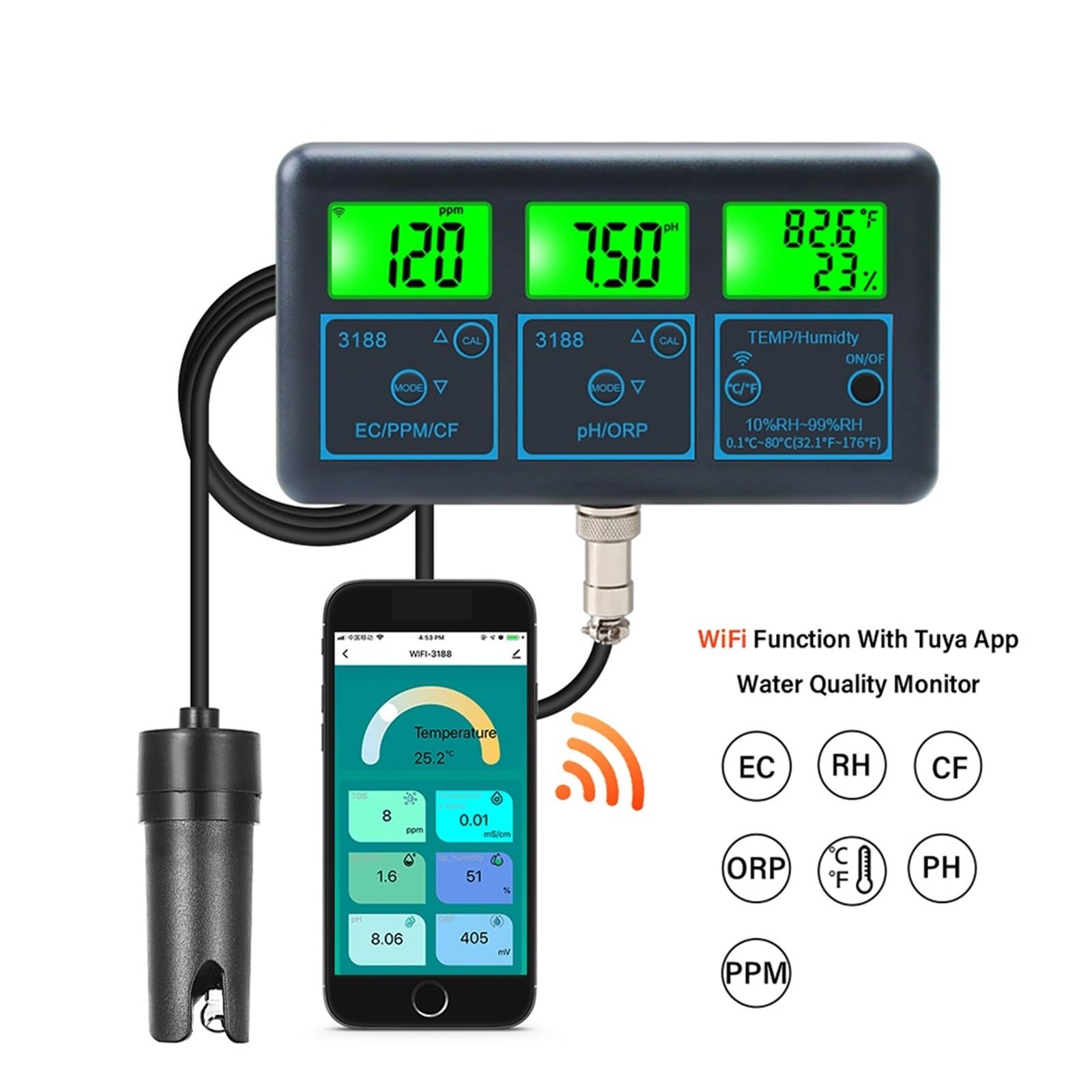WiFi 7 in 1 Misuratore di PH Temp TDS CF RH EC ORP Tester for Acqua Tuya Smart Online Monitor Analizzatore Digitale for Acquario Piscina Idroponica Rilevamento Rapido E Preciso