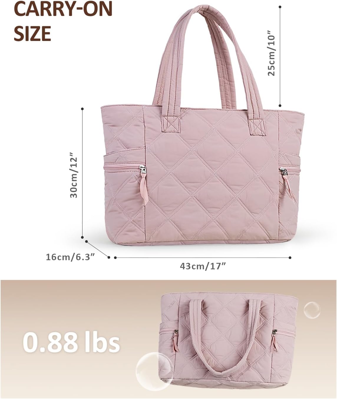 Prite Quilted Tote Bag for Women, Lightweight Puffer Tote with Zipper, Travel Work Nurse Gym Bag(Pink) - Image 6