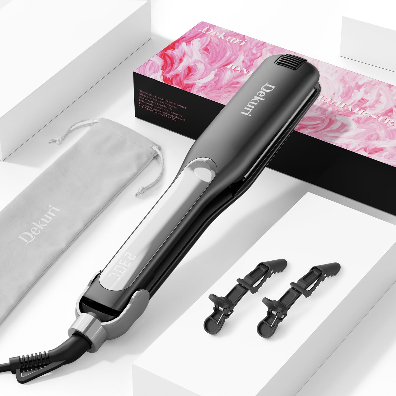 Dekuri plancha pelo,planchas del pelo de 42mm de ancho,plancha cerámica sin fricción a base de agua,plancha de pelo profesional para mujeres,120°C-230°C,Negro