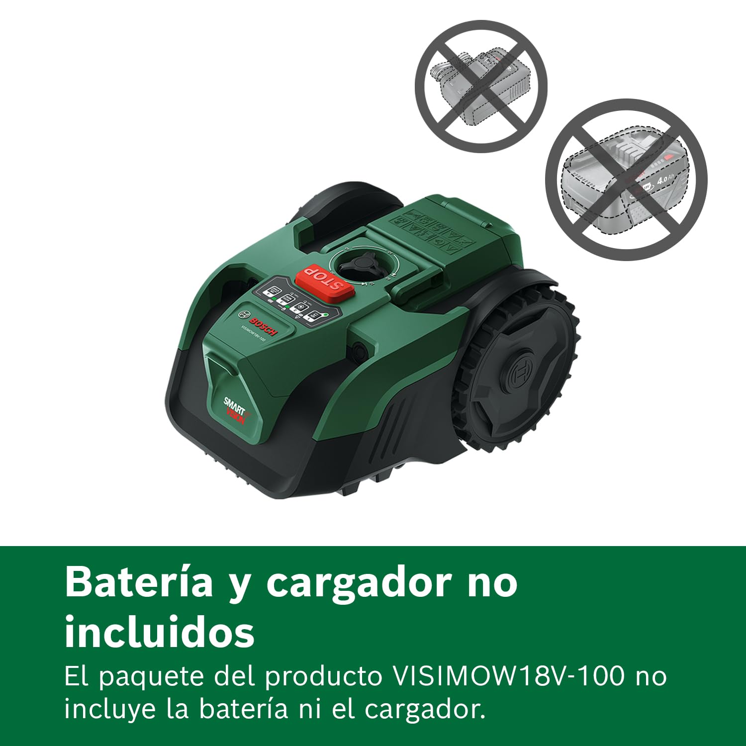 Robot cortacésped a batería VISIMOW18V-100 de Bosch (para césped de hasta 100 m², anchura de corte: 16 cm, altura de corte: 20-60 mm, sin batería)