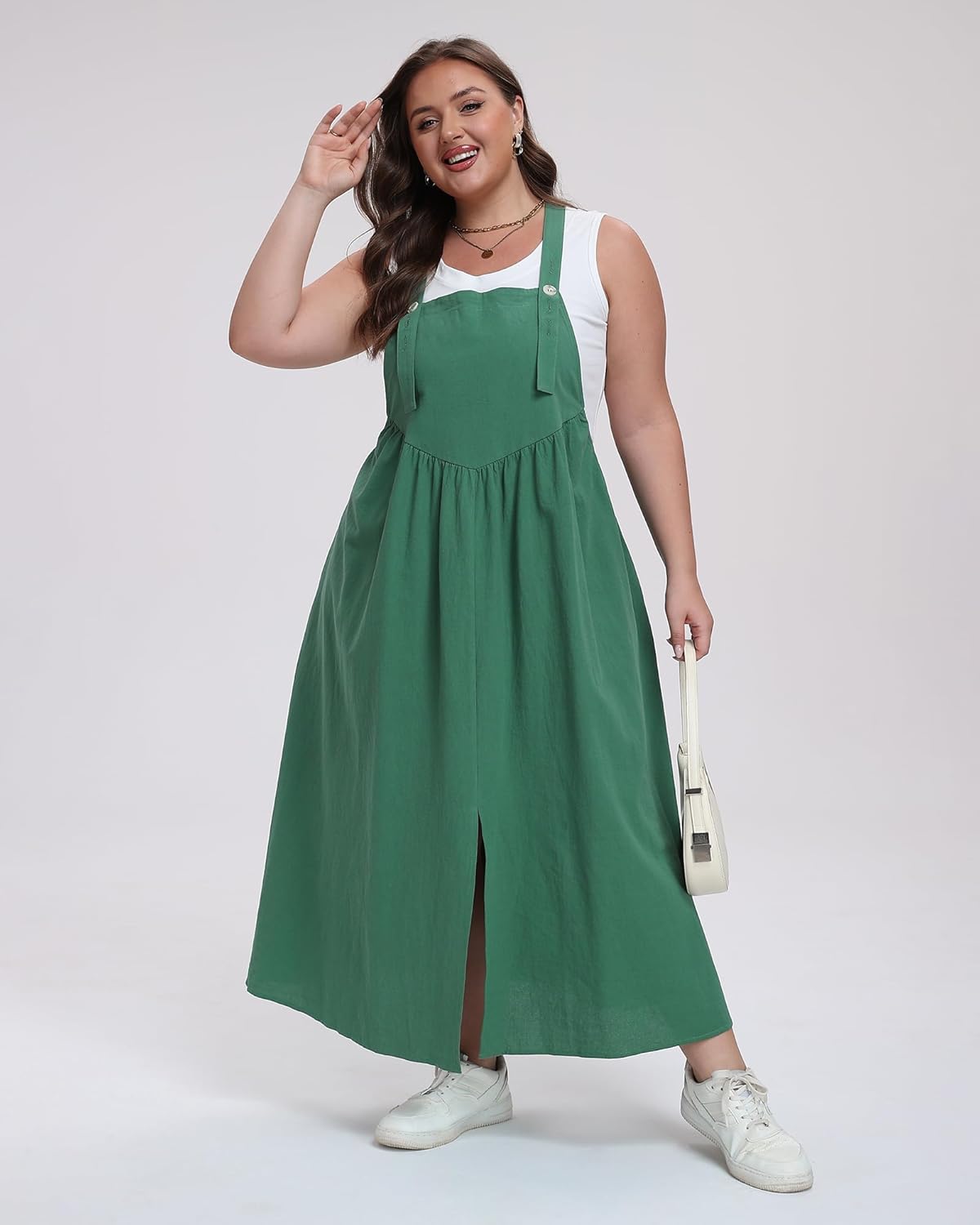Moon Wood Plus Size Cotton Overall Dress for Women Front Slit Jumper Dress Loose Fit Casual Maxi Dress with Pockets