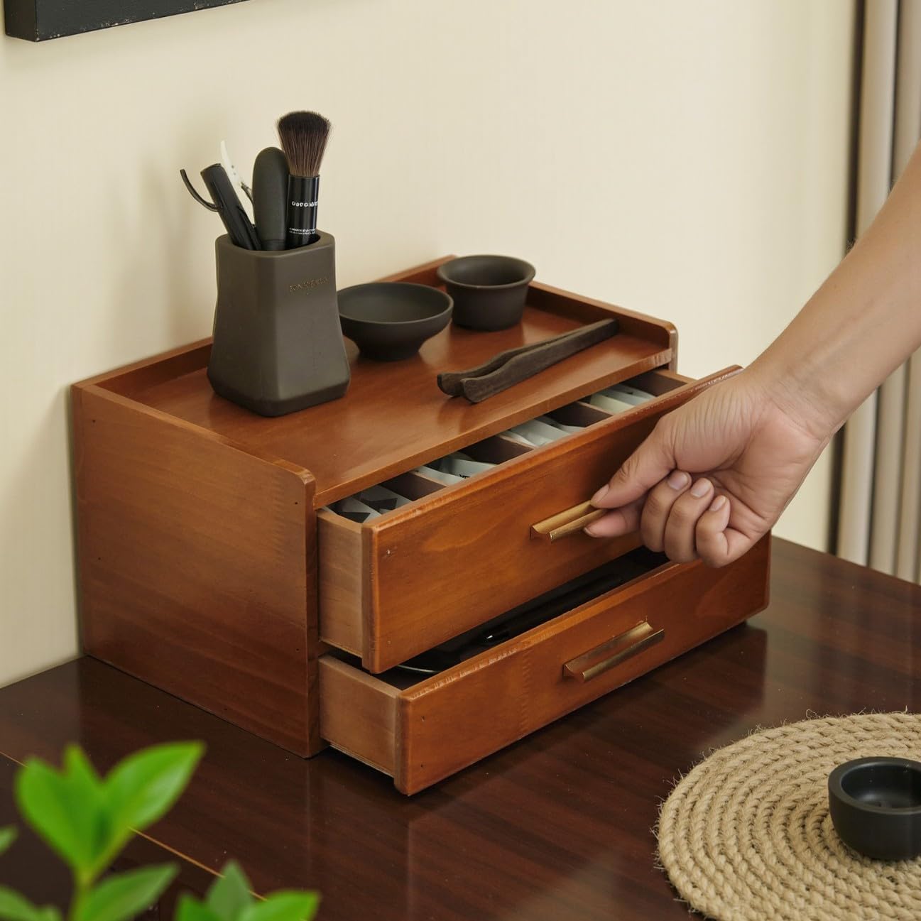 Wooden Tea Bag Organizer with Drawer - 8 Compartment Storage Box for Tea Display, Stylish Tea Station Chest, Brown Tea Accessory for Home & Kitchen Brown