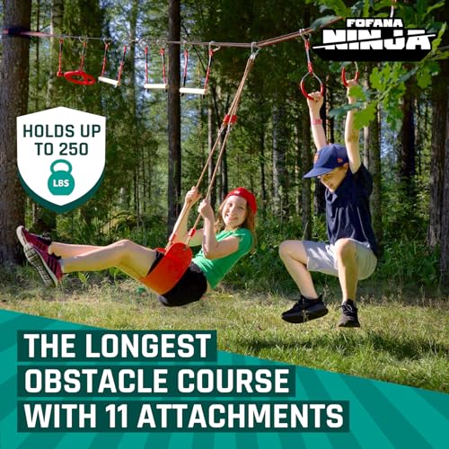 65 FT Largest Ninja Warrior Obstacle Course for Kids Outside - Ninja Slider Zipline Included - 11 Ninja Course Obstacles - Climbing Ladder, Spinning Wheel, Gym Rings, Monkey Bars, Pulley - Thumbnail 3