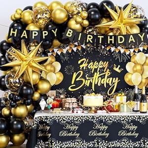 Black and Gold Birthday Decorations for Men Women, 71pcs Black and Gold Party Decorations with Backdrop, Tablecloth, Gold Foil Balloons, Banner, Balloon Arch for Birthday Party Decorations
