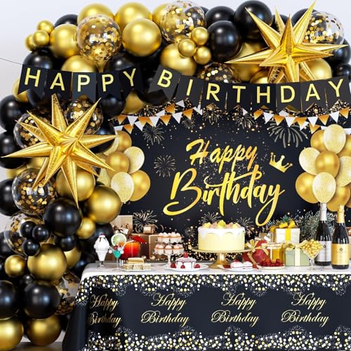 Black and Gold Birthday Decorations for Men Women, 71pcs Black and Gold Party Decorations with Backdrop, Tablecloth, Gold Foil Balloons, Banner, Balloon Arch for Birthday Party Decorations