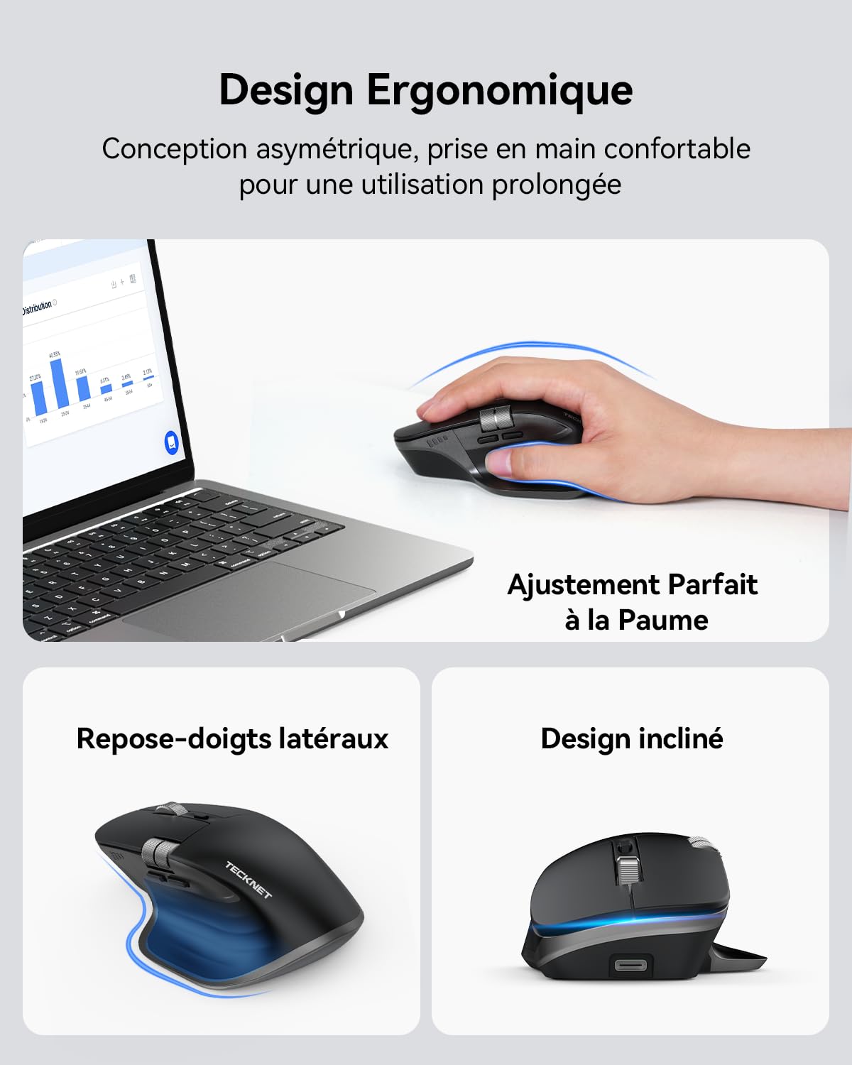 TECKNET Souris Bluetooth, Souris sans Fil Ergonomique avec 3 Modes (BT5.0/5.0+2.4G), Rechargeable, 4800 DPI Réglable avec Molette Latérale Souris Silencieuse pour Ordinateurs, Mac, PC, Windows, Noir