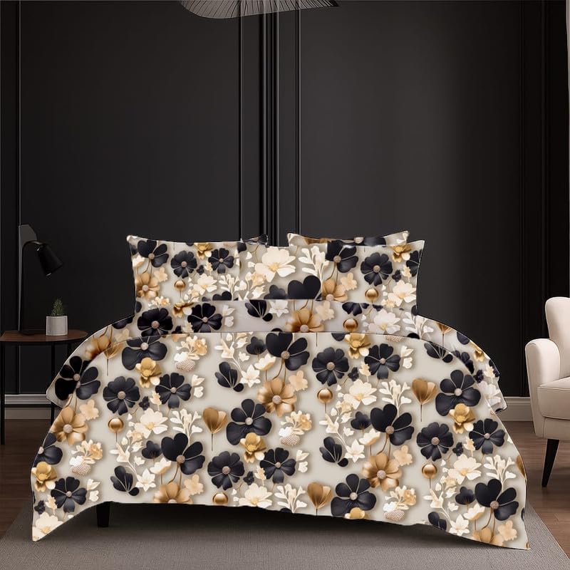 Image of 250 TC Premium 7D Printed Cotton Feel Elastic Fitted Double King Size Bedsheet with 2 Pillow Covers |78 inch x 72 inch| Fits up to 6-Inch Mattress |7D Black