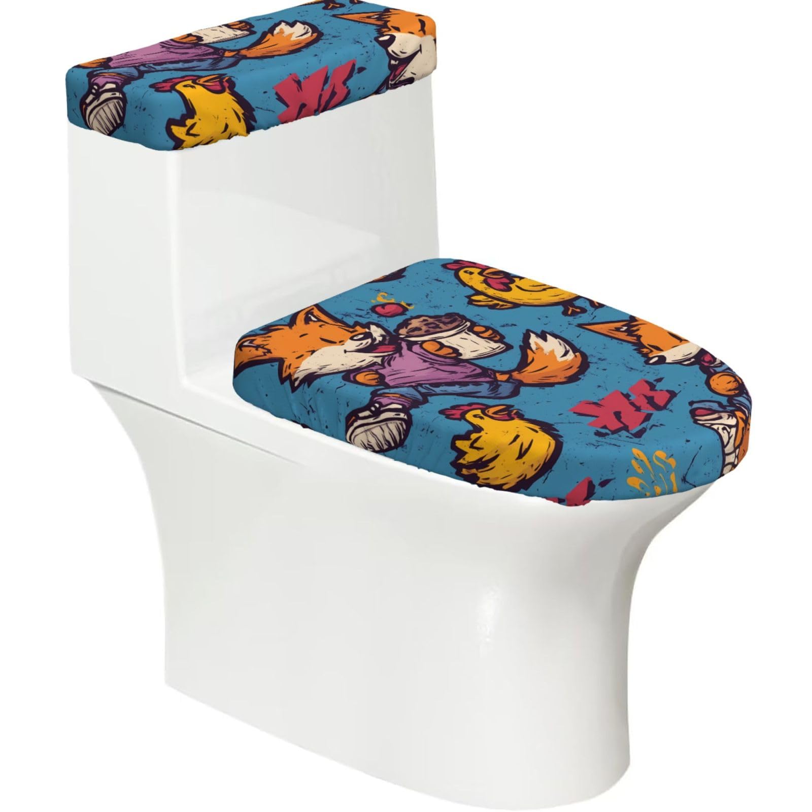 Mrowyc Black Fox And Chicken Printed Toilet Seat Set - Set Of 2 - Universal Toilet Seat Cover - Housewarming Birthday Christmas Gift
