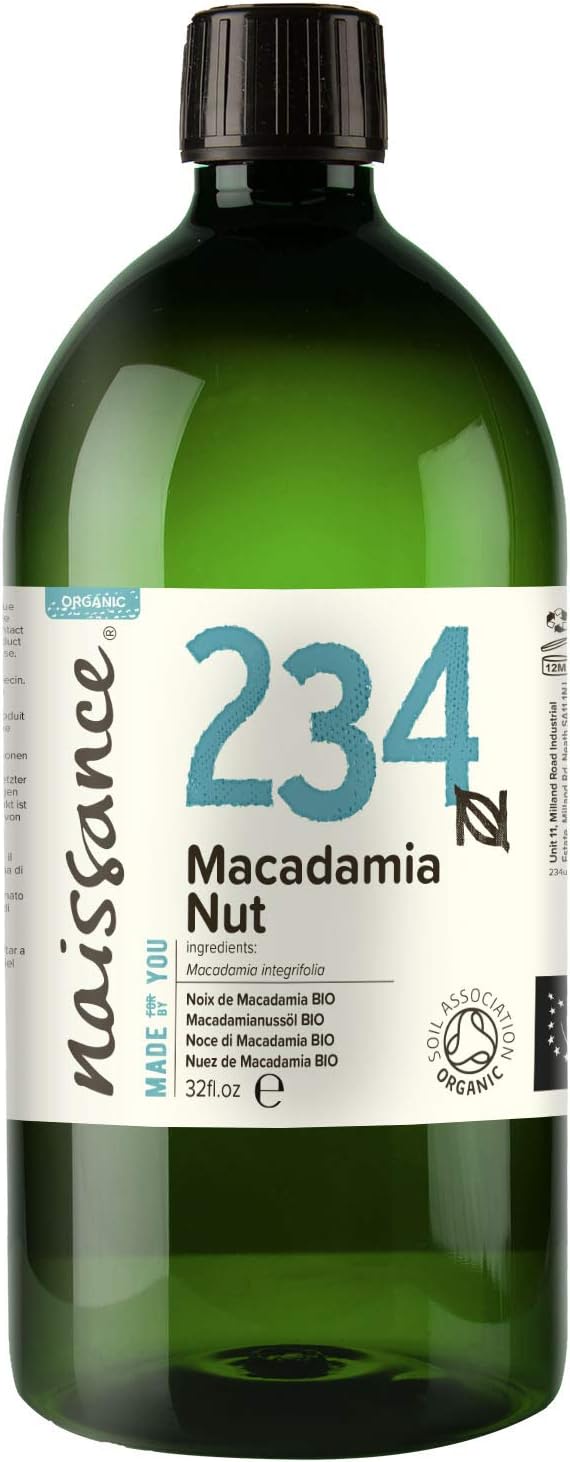Naissance Certified Organic Macadamia Nut Oil 32 fl oz - Pure Natural, Cold Pressed, Vegan, Non GMO, Hexane Free, Cruelty Free, Moisturizing Nourishing Oil for Hair and Skin and DIY Beauty Recipes