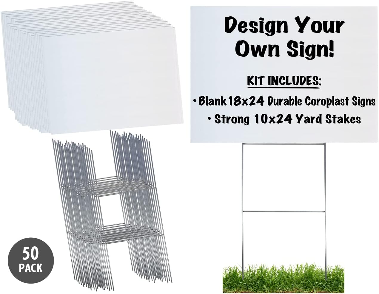 Durable Blank Corrugated White Yard Sign Kit Includes 50 Large 18x24 Signs and Strong 10x24 Galvanized Steel Double H Yard Stakes - Pack of 50 18x24 Signs with Yard Stakes