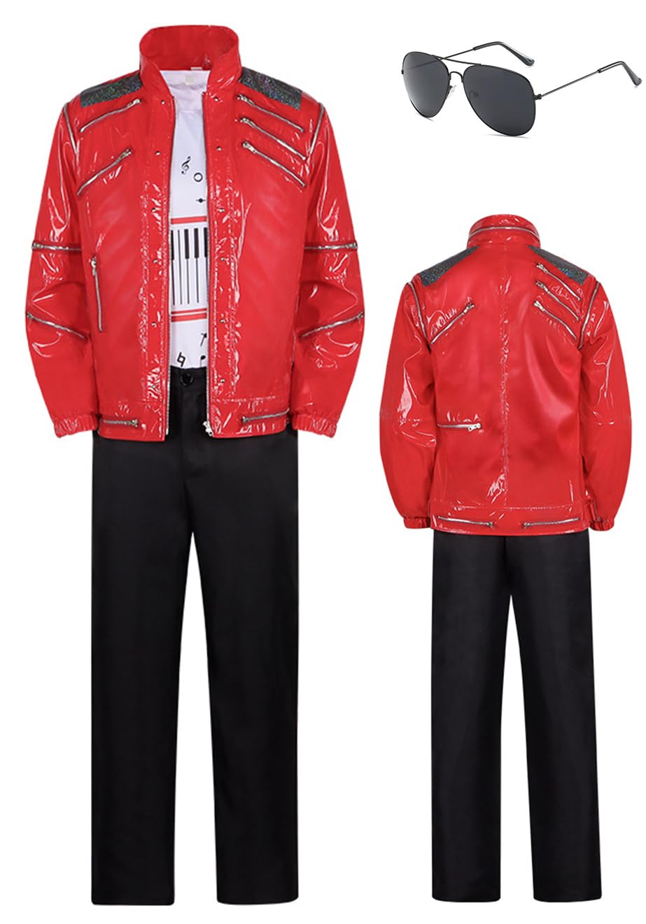 Cnulaueu Mens Jazz Singer Cosplay Costume Red PU Jacket Coat Super Idol Uniform Suit Halloween Stage Punk Outfit Full Set (Red, Large)