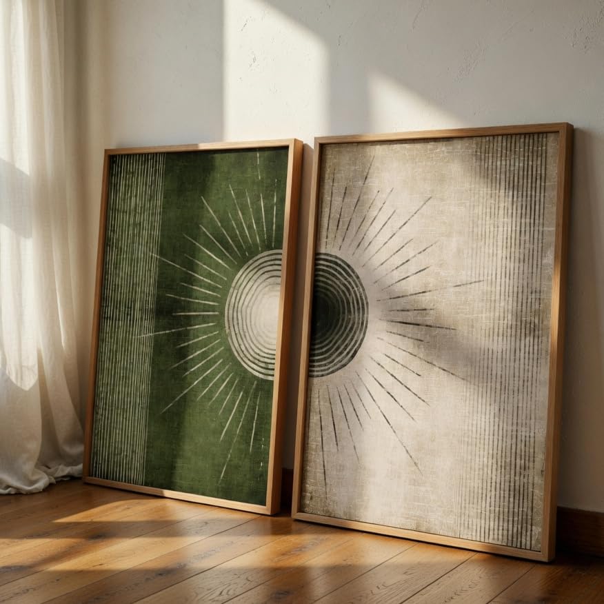 Image of Livin'luxe Modern Sunburst Abstract Wall Painting Set of 2 with Wooden color Frames | Minimalist Geometric Line Art HD Sparkle Laminated MDF Wall Decor | Contemporary Wall Art for Living Room Bedroom